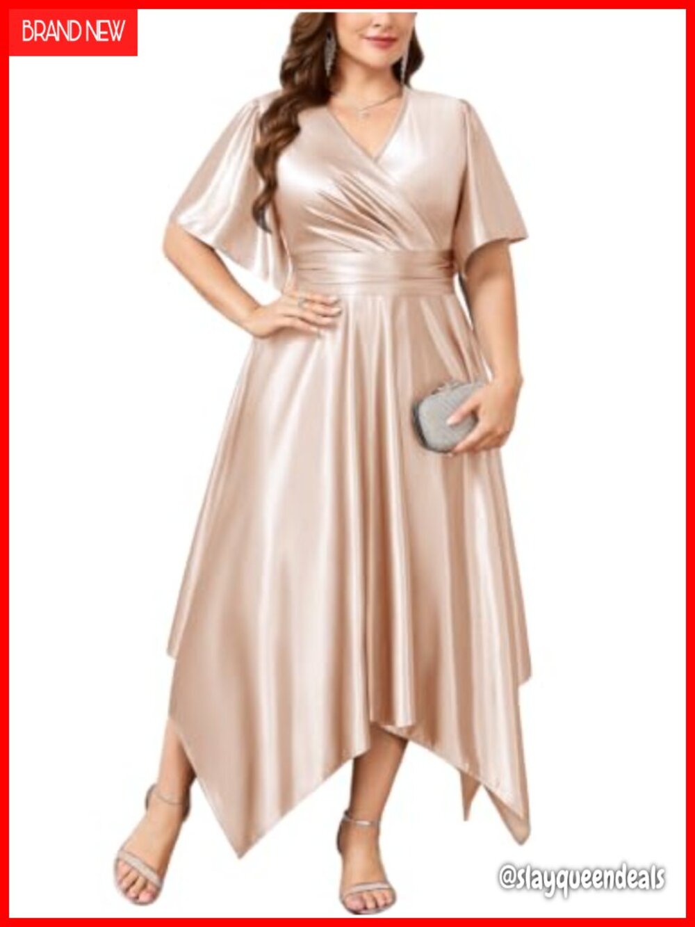 Plus Size Satin Formal Dress Ruched V Neck Wrap Evening Gown